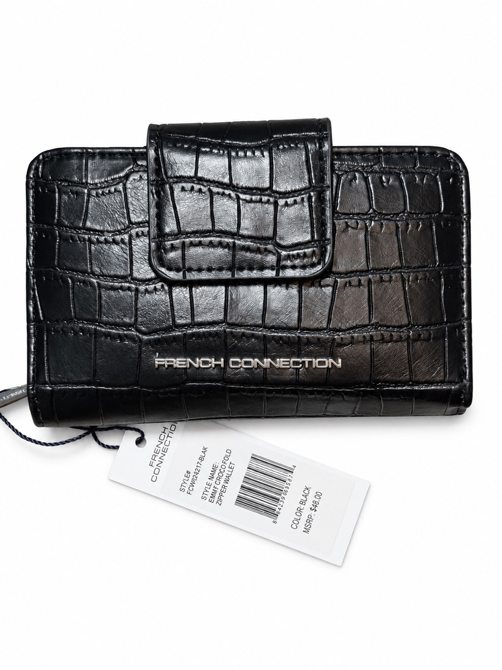 NWT French Connection Emmy Black Croc Fold Zip Wallet MSRP $48